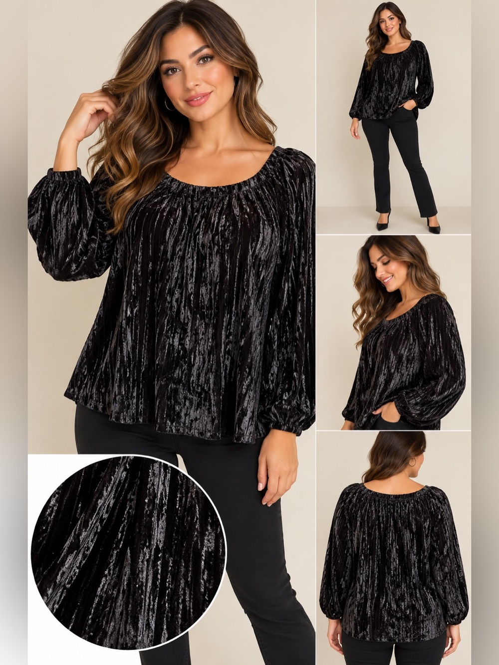 Chico’s Black Crushed Velvet Peasant Blouse Balloon Sleeve S Top